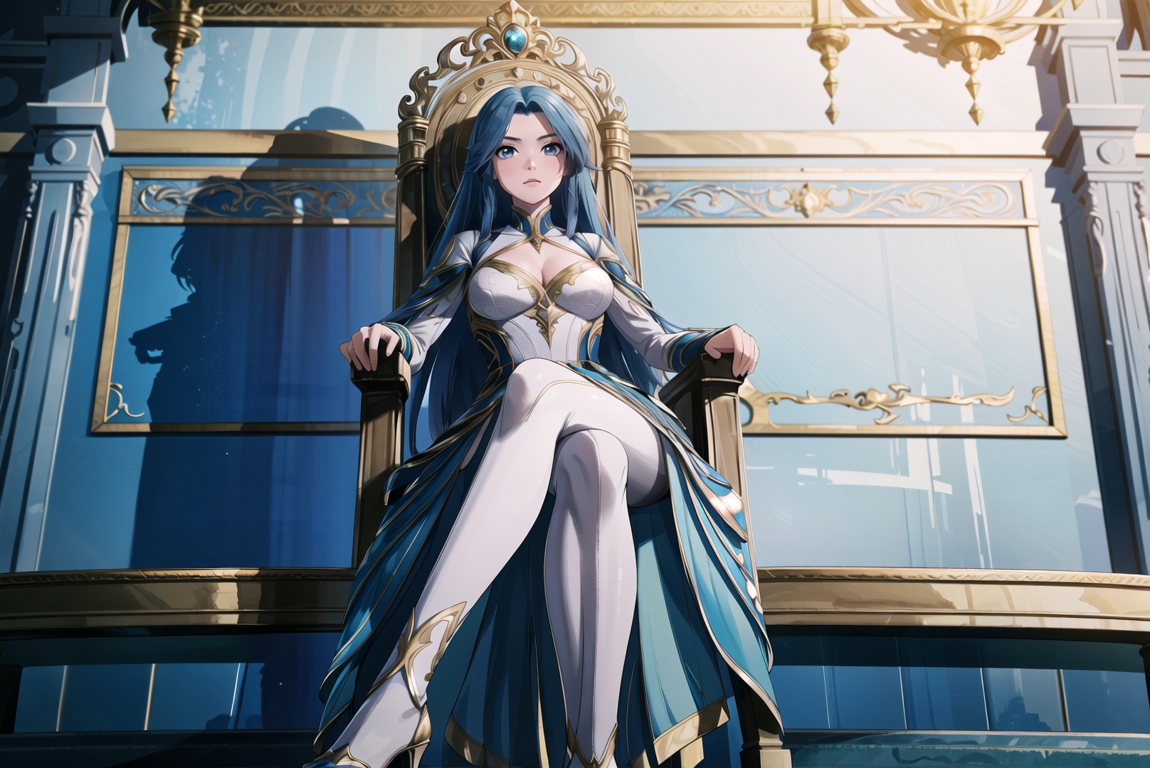 1girl,solo,long hair,blue hair,gradient hair,blue eyes,dress,pantyhose,high heels,sitting on throne,crossed legs,((looking at viewer)),indoors,throne room,full body,from below,Highly detailed,(ultra-detailed),(best quality,masterpiece:1.5),<lora:20240929-1727556316199:0.55>,