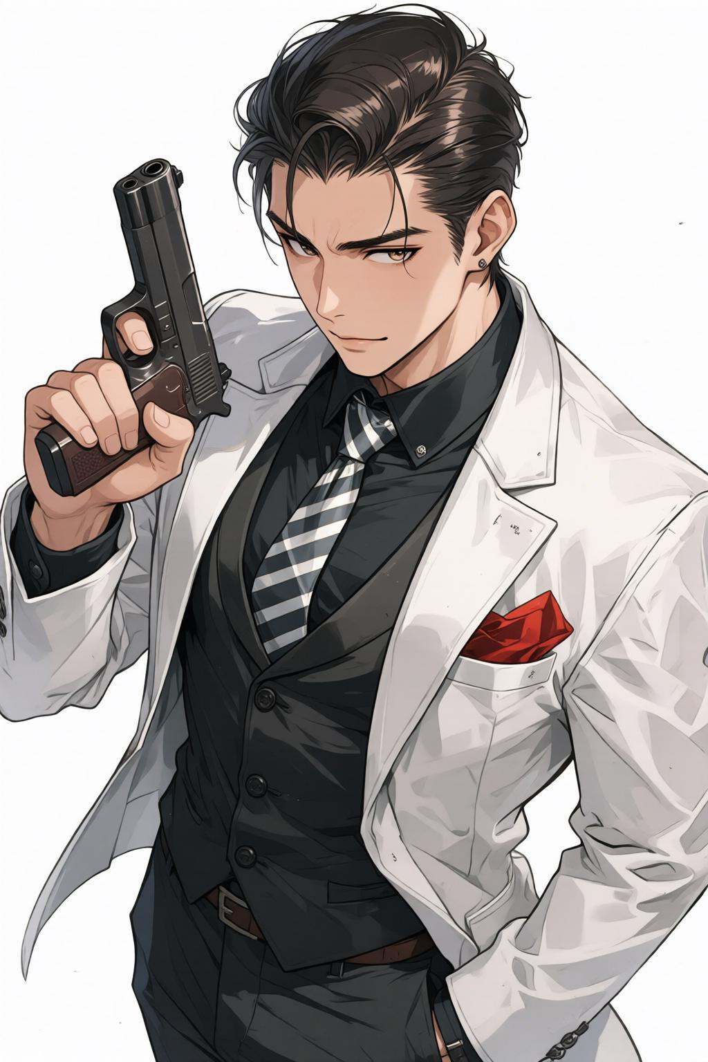 nijimix6q anime style illustration.High angle view of a man with slick back hair,  holding a gun. He is dressed in a forma...
