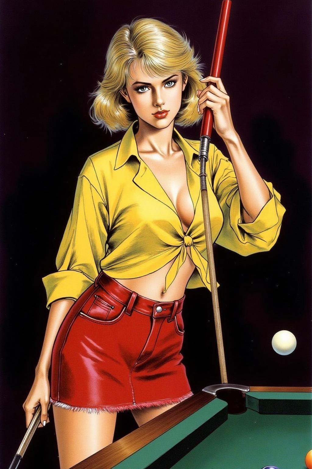 1keryo illustration of a blonde female pool hustle shooting pool. She wears a very short red denim mini-skirt,  and a loos...