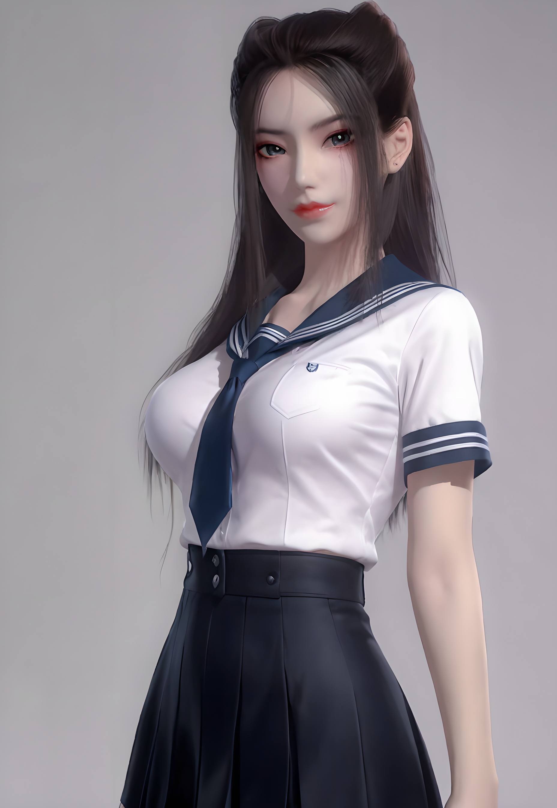score_9,score_8_up,score_7_up,<lora:SF_YanLingJiBlueCothes_Pony-000004:0.7>,1girl,solo,standing,white school uniform,black skirt,breasts,large breasts,highleg,red lips,jewelry,looking at viewer,white background,