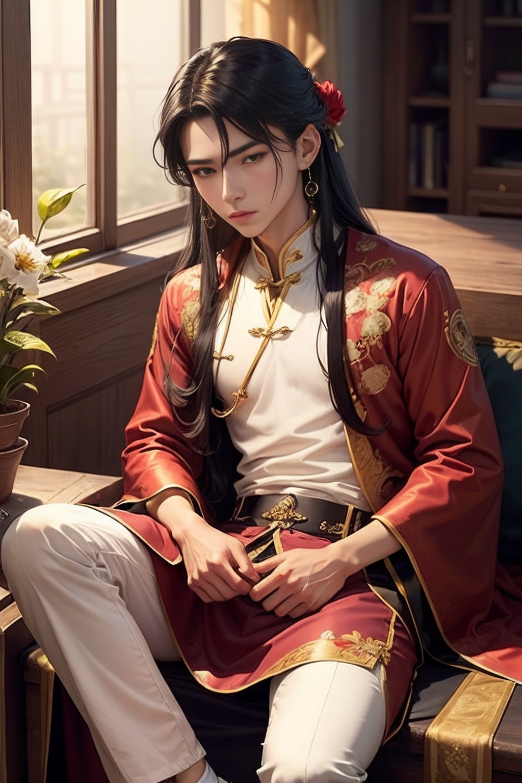1boy, male focus, jewelry, long hair, black hair, earrings, chinese clothes, solo, lattice, hanfu, looking at viewer, flower, sitting, red eyes, long sleeves, bishounen
