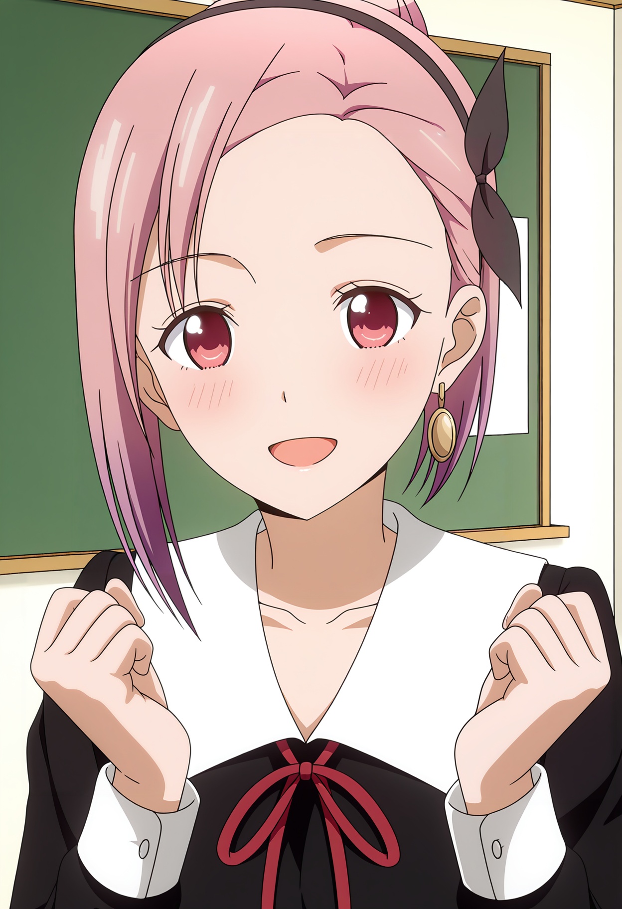 <lora:Tsubame KOYASU_illustrious-000018:1>,1girl,pink hair,solo,Tsubame KOYASU,solo,school uniform,open mouth,smile,earrings,cosplay,jewelry,looking at viewer,:d,ribbon,red ribbon,hands up,dress,black dress,long sleeves,collarbone,neck ribbon,upper body,indoors,hairband,blush,single hair bun,clenched hands,anime screencap,