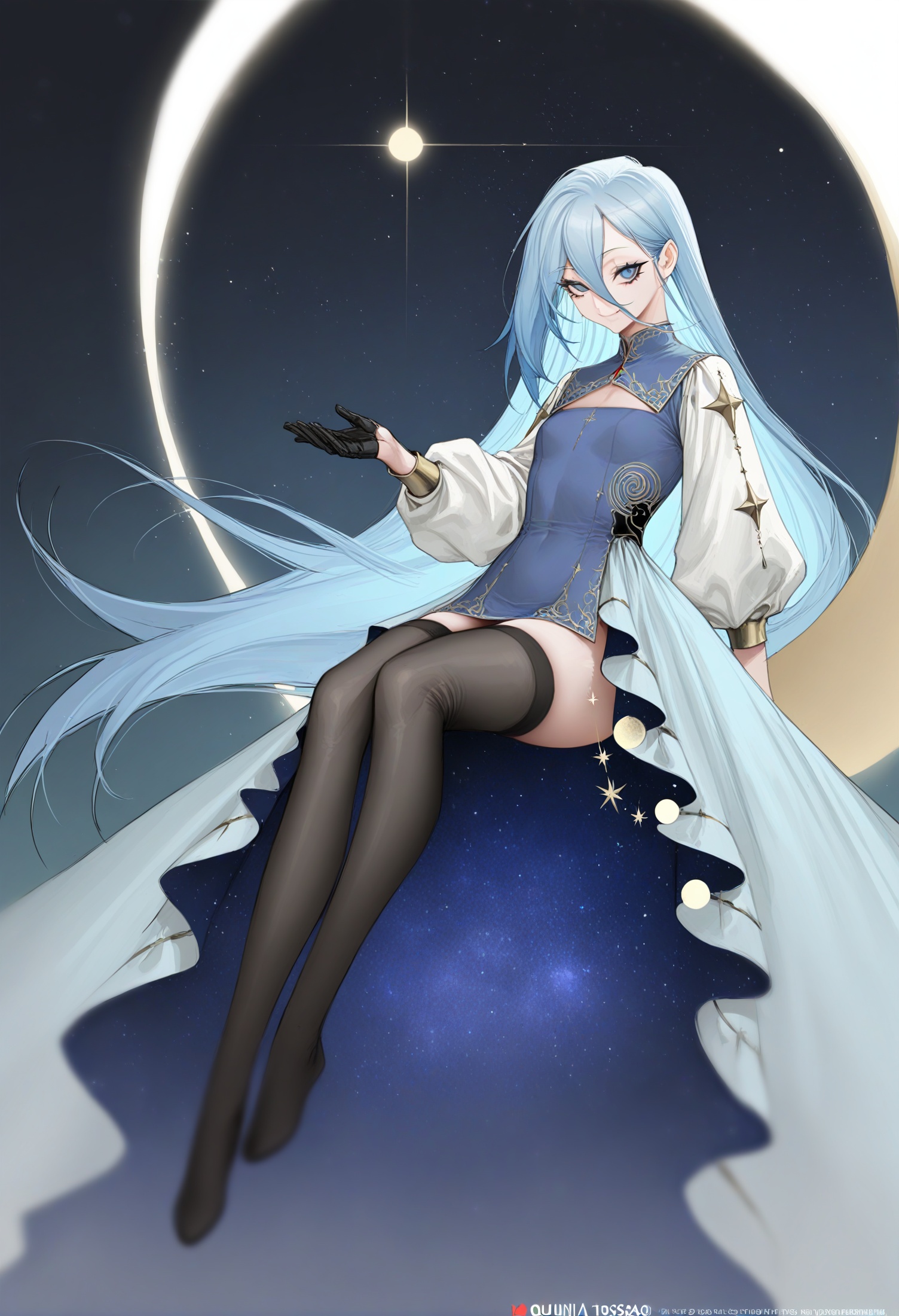 best quality,masterpiece,absurdres,newest,(quuni:1.4),(nyatabe:0.9),(cutesexyrobutts:0.3),(iuui:0.7), (shanyao jiang tororo:1.1), (ohisashiburi:1.1),(fine fabric emphasis, realistic),1girl, long hair, solo, dress, blue hair, thighhighs, closed eyes, very long hair, hair between eyes, full body, closed mouth, long sleeves, smile, bangs, gloves, black legwear, simple background, blue eyes, looking at viewer,This digital illustration showcases a fantasy-themed character, likely inspired by anime or manga. The central figure is a young woman with long, flowing blue hair and fair skin. She wears an elaborate, flowing blue and white gown adorned with gold accents and celestial motifs, including stars and moons. The gown features a high collar and long, billowing sleeves. The character is perched on a crescent moon, which dominates the upper half of the image, creating a dramatic backdrop. The moon is detailed with intricate star patterns and a deep blue, starry sky in the background. The woman's pose is graceful and slightly ethereal, with one arm resting on the moon and the other hand delicately touching her face. Her eyes are closed, and she exudes a serene, contemplative mood. The lighting is soft and ethereal, with a gentle glow illuminating her from behind, casting a soft shadow and highlighting the texture of her gown. The background is blurred, drawing focus to the character and the moon. The composition uses a shallow depth of field, with the character sharply in focus against a blurred, starry night sky. The overall mood is dreamy and mystical, enhanced by the delicate, flowing lines and the use of celestial imagery.