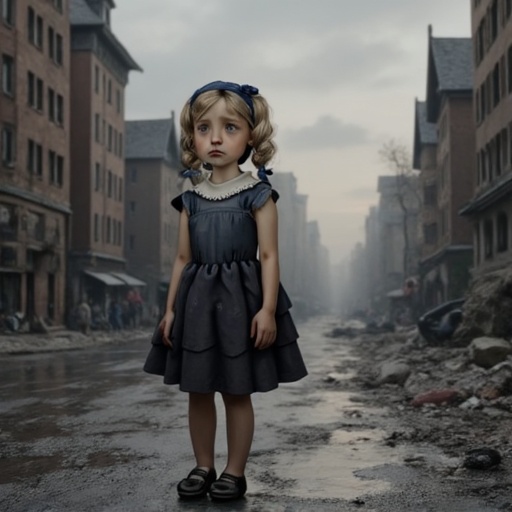 dark and gloomy children's book Artwork illustration of Gerda. She is standing in the street of post-war Berlin in 1949. D...