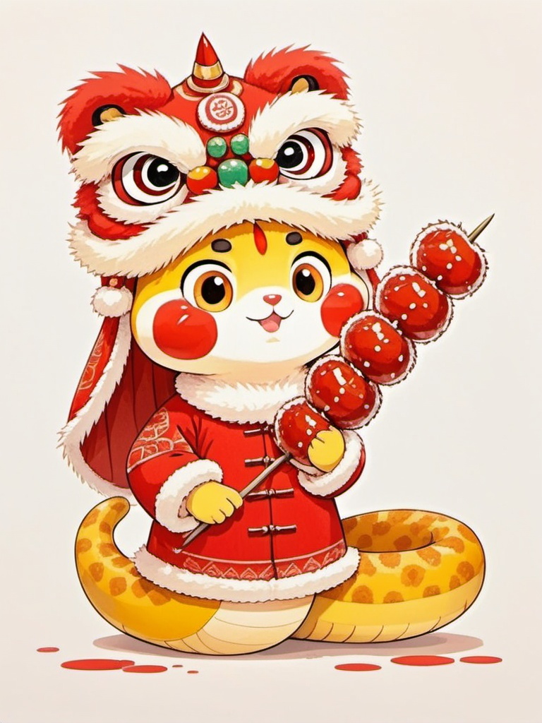 Lion dancing hats,shebaobao,It's a cute,cartoonish yellow snake with furry fur and large expressive eyes,wearing a red robe with white fur trim and a funky lion head mask. He was holding a bunch of red hawthorns. The background is pure white,making bright colors and intricate details pop.,,<lora:she_v1:0.8>