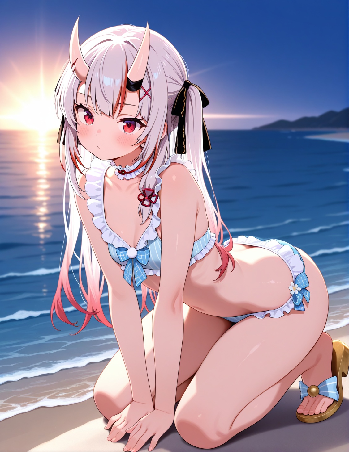 1girl,  beachswimsuit,  frilly bikini top with thin light blue stripes on a white base on Tensor.Art