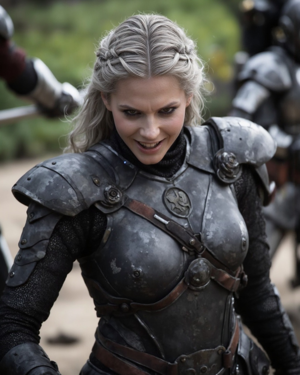 A close-up shot of erin_sanders warrior in a battle scene. She has long,  wavy silver hair adorned with intricate braids....