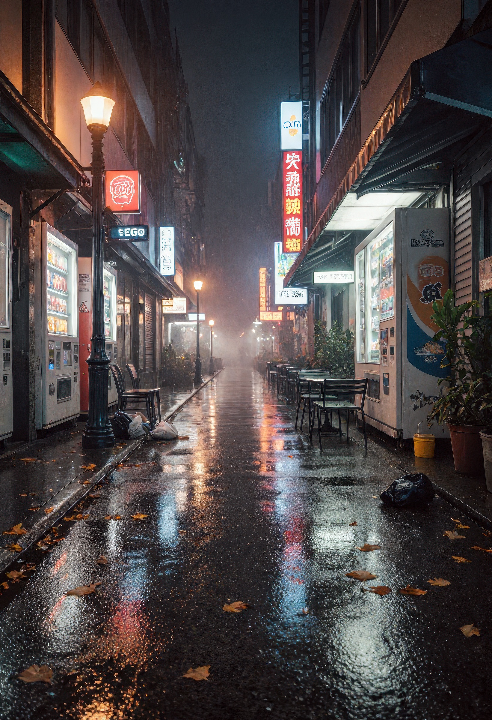 Moody,  cinematic wide-angle scene of a rain-slick urban street at night,  wet asphalt gleaming with vivid reflections of...