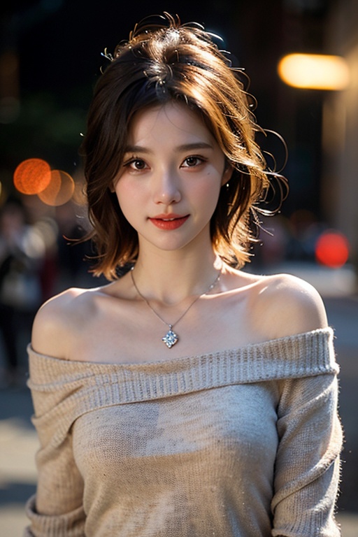 masterpiece,high quality,realistic aesthetic photo,(HDR:1.2),pore and detailed,intricate detailed,graceful and beautiful textures,RAW photo,16K,(bokeh:1.1),cinematic lighting,cool tone,focus on girl,in the city,upper body shot,1girl,beautiful face,light-smile,beutiful dark-red short hair,detailed dark-eyes,smooth skin,juicy lips,eye_shadow,medium breasts,thin necklace,dark-red oversize off-shoulder sweater,high detailed,ultra detailed,(Subsurface scattering:0.8),high resolution,world-class official images,impressive visual,perfect composition,