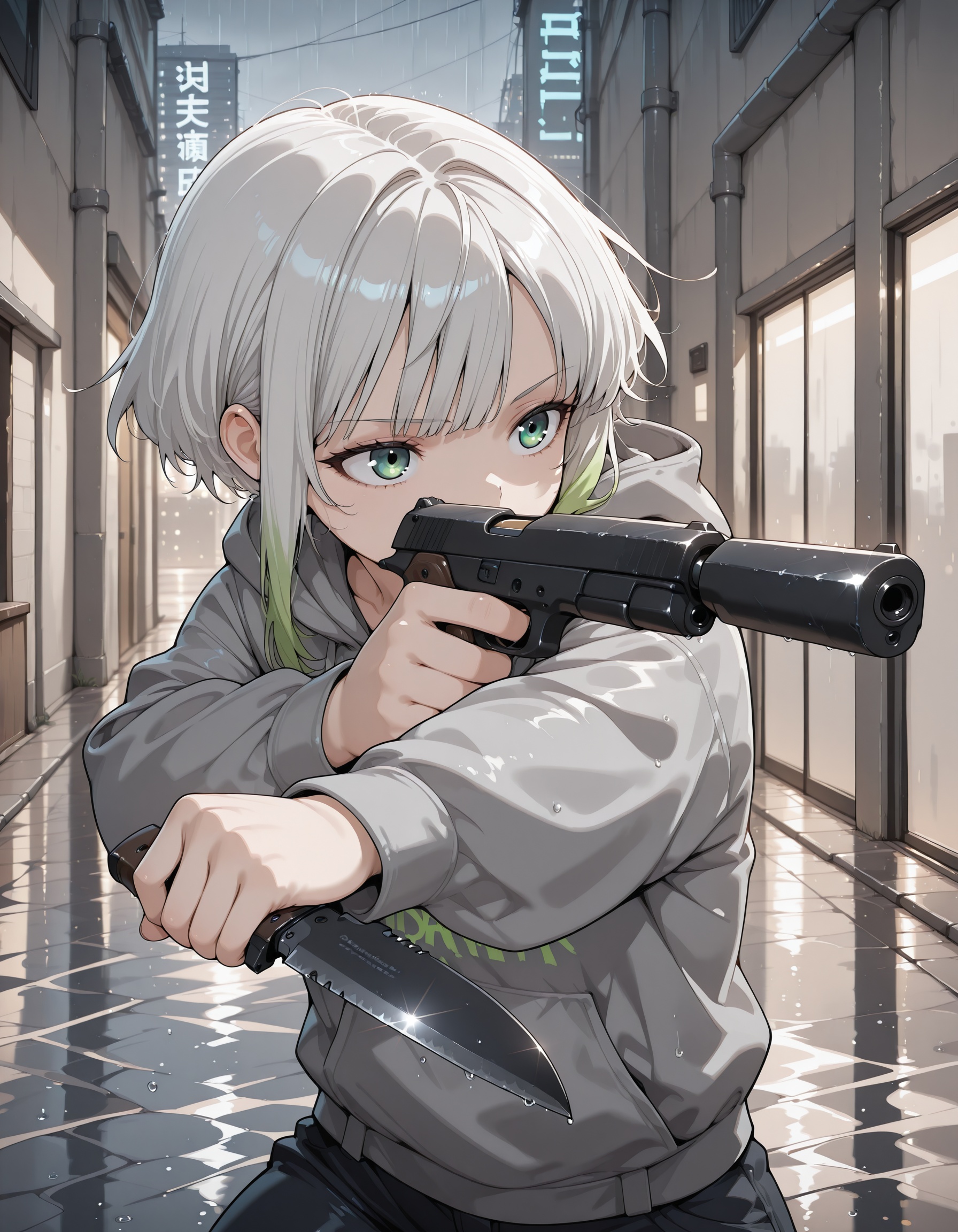 1girl,  white hair,  green sidelocks on Tensor.Art