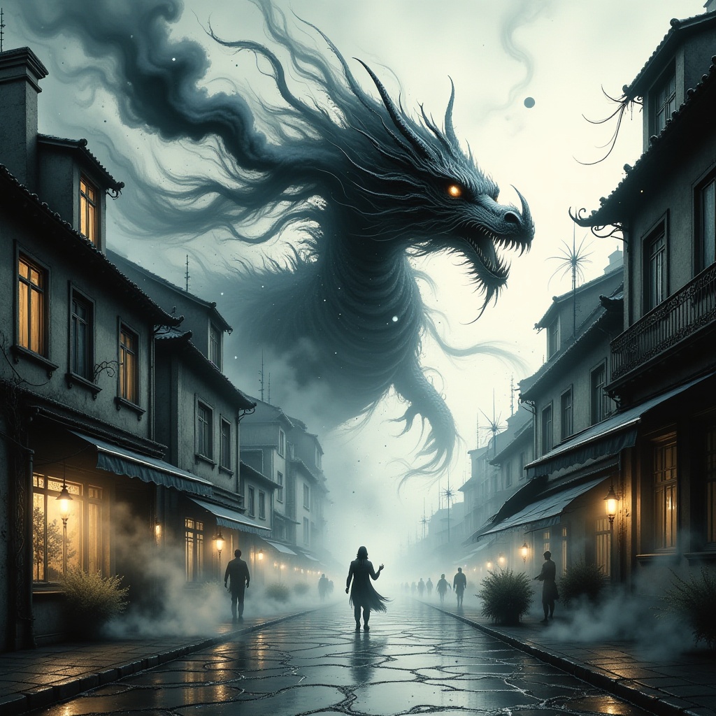 A swirling vortex of washed out ink envelops a colossal,  sfw,  Japanese multi-limbed dragon as it battles against a tempe...