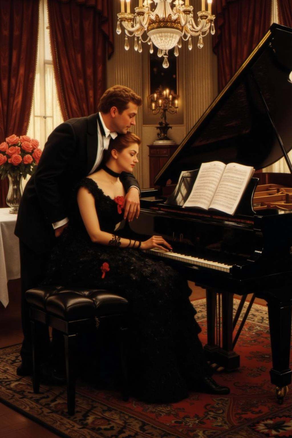 jati1 paintingA romantic and elegant scene of a couple flirting beside a grand piano in a luxurious,  softly lit room. The...