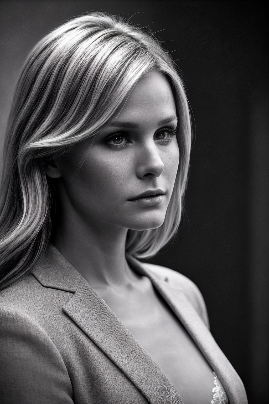 KristenB_SoloTI_v1,  (In a dark,  fitted jacket over a simple blouse on Tensor.Art
