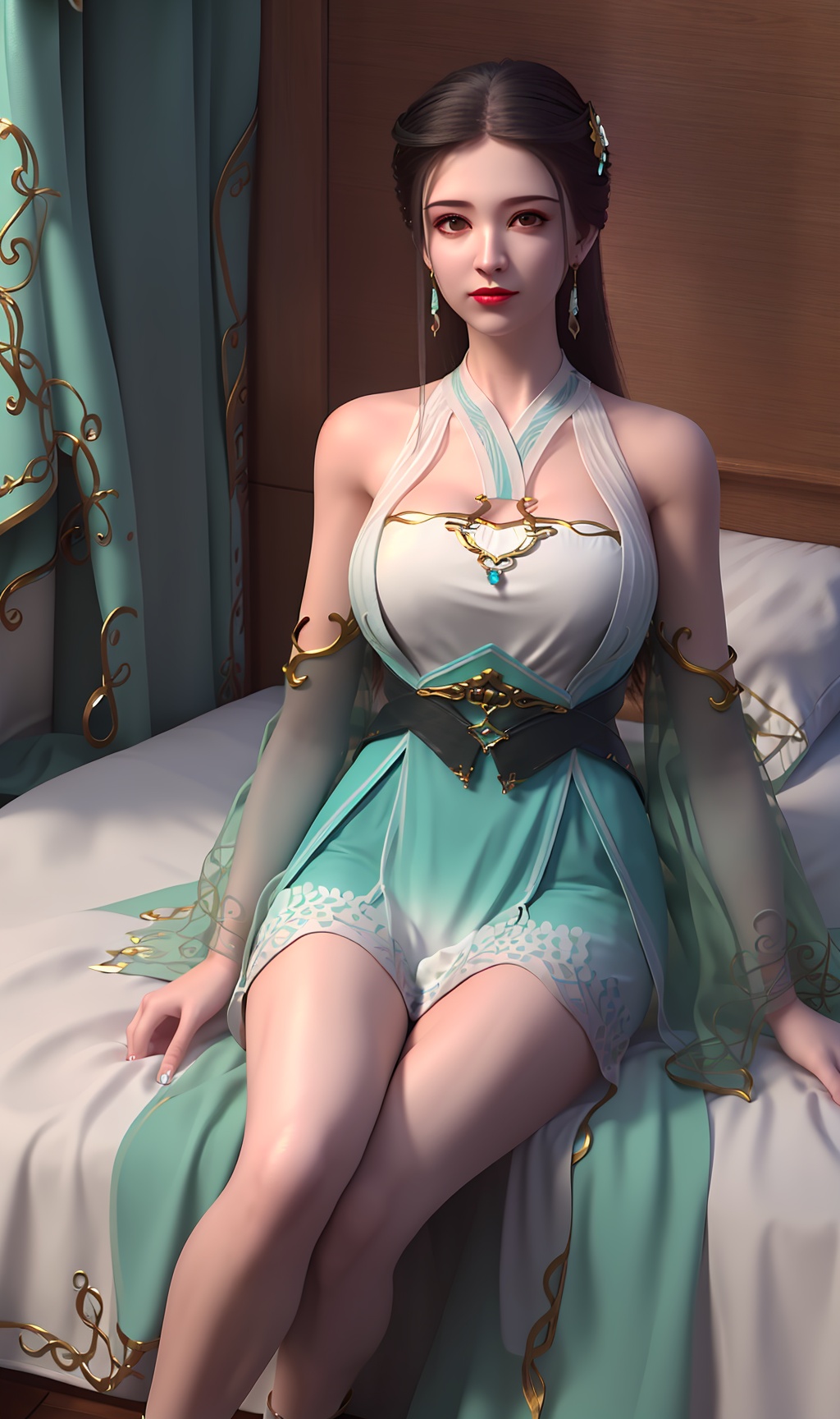 3D,masterpiece,(best quality),(makeup),official art, extremely detailed cg 8k wallpaper,((crystalstexture skin)), (extremely delicate and beautiful),(highly detailed),(face),(gold_trim),(collar),(1girl), (solo), (jewelry), (earrings),(black_hair),(long_hair),(hair_ornament),(handwear),(breasts),(sitting),((full_body,whole_body)),(bare_shoulders),(closed_mouth),(off-shoulder_dress),(short_skirt),(multicolored_clothes),(multicolored_dress),(shiny_clothes),(city,indoor,bed),(long_legs),,((looking_at_viewer)),((Facing the camera)),(high_heel:0.787), (white-green_high_heel:0.787), , <lora:hipoly3DModelLora_v10:0.3>