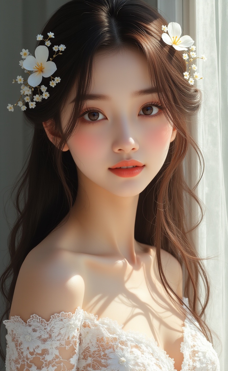This is a very detailed digital painting depicting an Asian woman with fair skin, delicate facial features, and expressive brown eyes. She has long dark brown hair decorated with white flowers, and a soft wavy hairstyle. She was wearing a white lace dress with intricate patterns, and her makeup included natural blush and nude lipstick. The sunshine shines on my face, looking out the window<lora:moluo丨玉颜百媚生-1.5:1.8>
