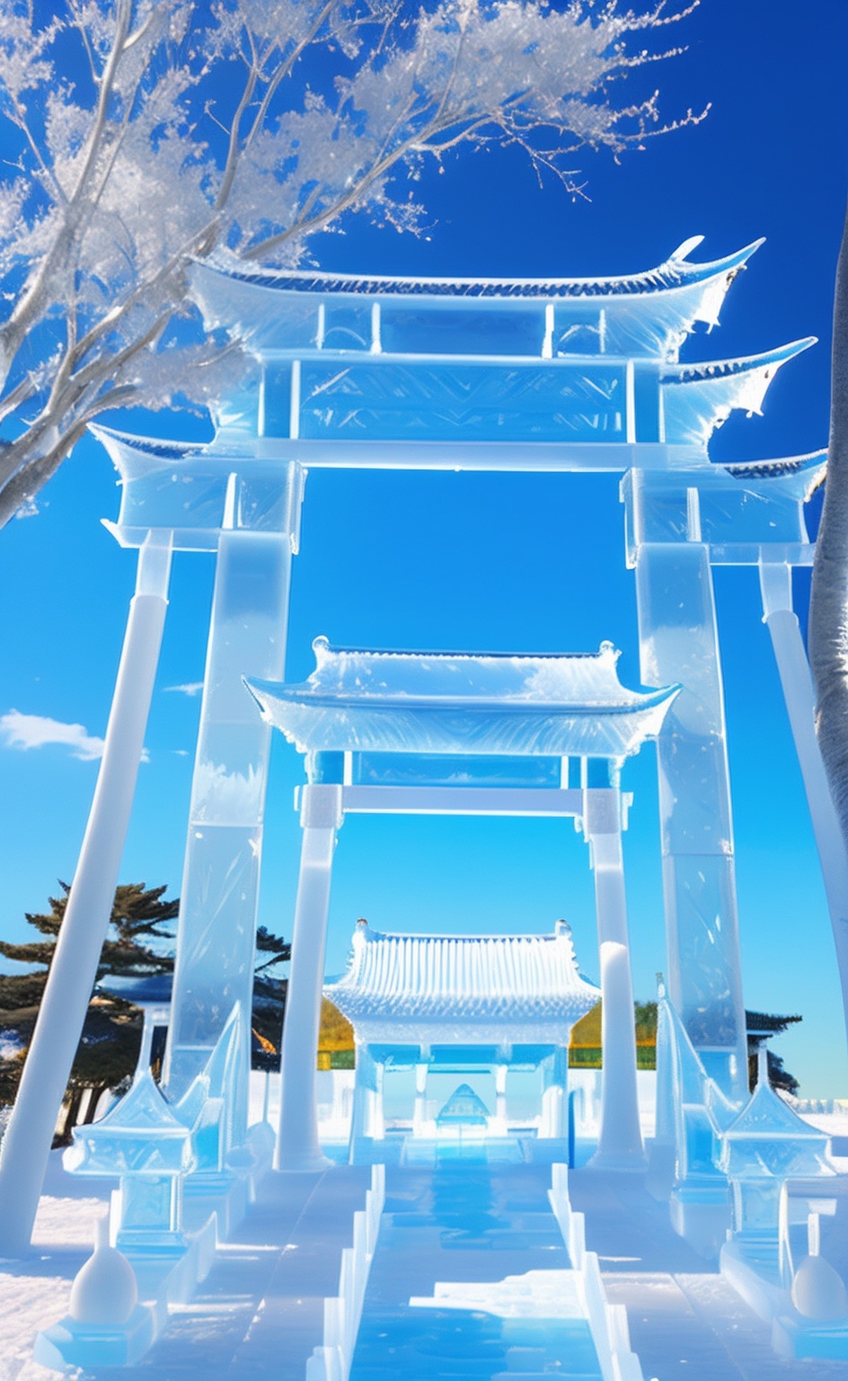 miluo_bing, scenery, outdoors, no humans, sky, tree, day, blue sky, torii, bird, architecture, ice sculpture<lora:万物可冰雕sd1.5-v1.4:0.7>