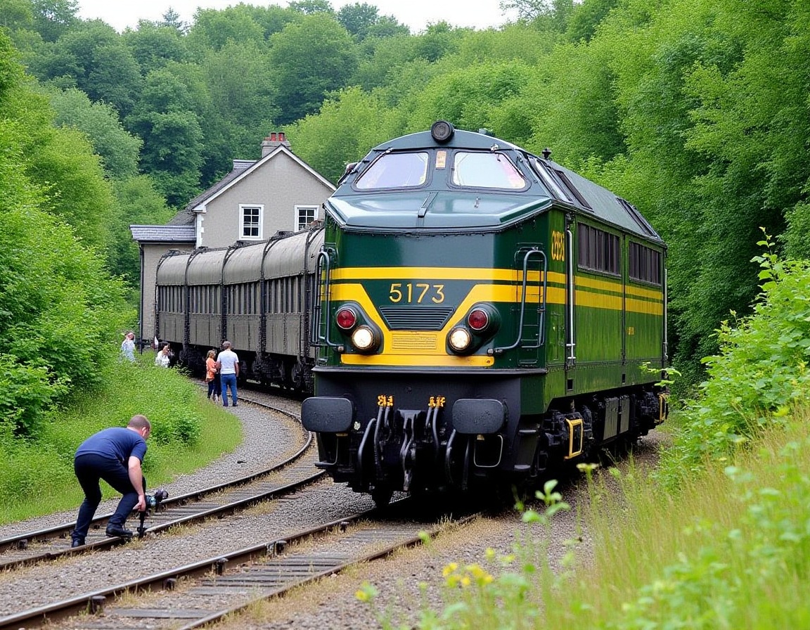 A dark green diesel locomotive,  number 5183,  moves along railway tracks amidst a verdant landscape. The train's cab is a...