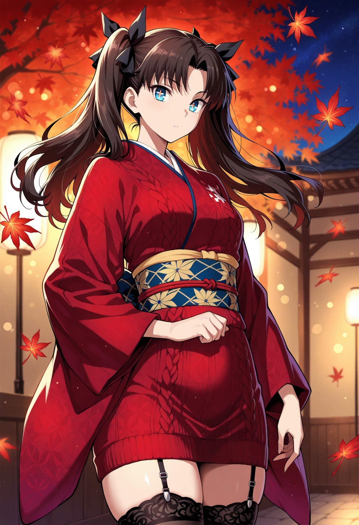 tohsaka rin portrait,  glossy black twin-tails,  red cable-knit sweater on Tensor.Art