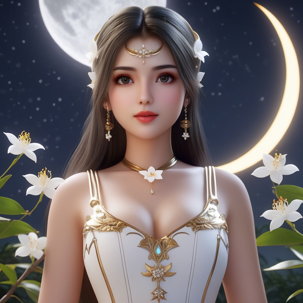 <lora:837-DA-XL-斗罗大陆-千仞雪-幼年:0.8>, (,1girl, ,best quality, ),,  ,,ultra realistic 8k cg, ,masterpiece, (( , )),, realistic,science fiction,mole, ,     ,crescent moon, jasmine \(flower\),     (cleavage),,  (),