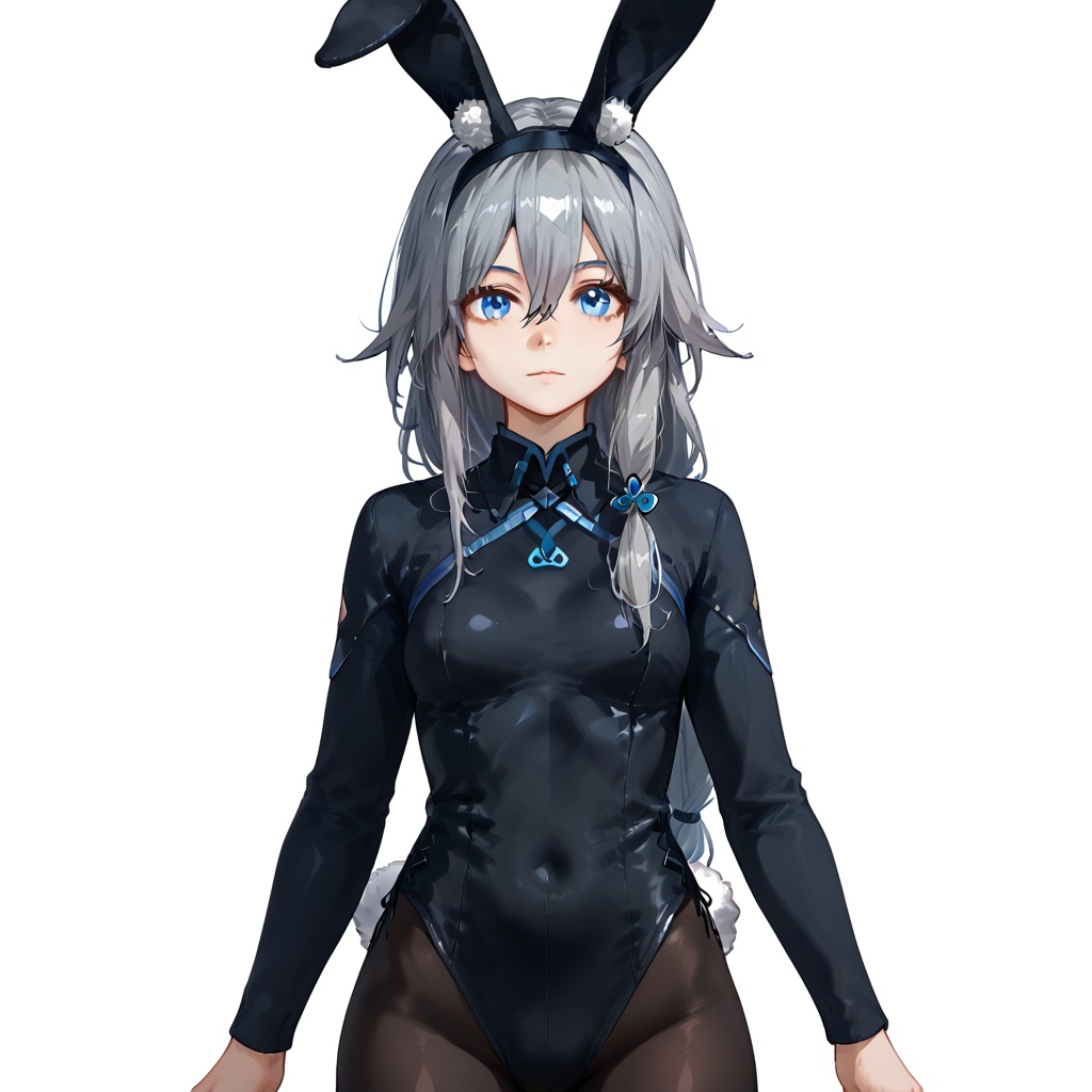 (white background:1.2),looking at viewer,(SOLO:1.4),outline,simple background,upper body, cowboy shot,looking at viewer,(((arms at side))),     fu hua,long hair,bangs,blue eyes,grey hair,blue hair,hair ornament,hair between eyes,low-tied long hair,hairband,rabbit ears,tail,pantyhose,animal ears,<lora:tnl-pony:0.8>
