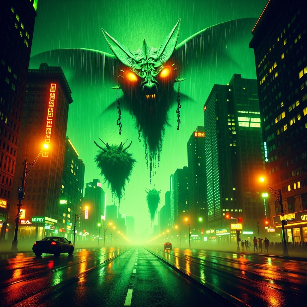 HalloweenGlowStyle Light green themed Neon lights,  holograms,  rain-slicked streets on Tensor.Art