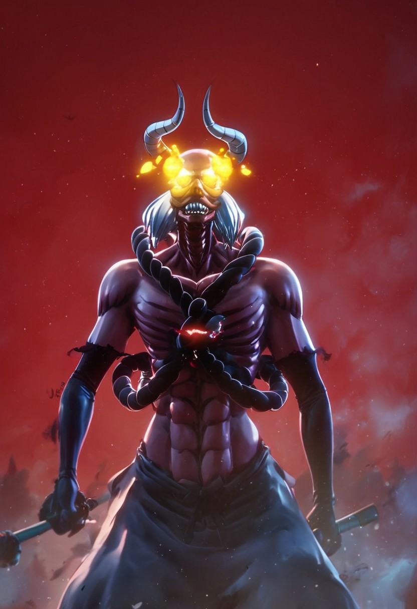 Bankai_Dangai_Joue_Bleach,  red demon with glowing eyes and horns,  red sky on Tensor.Art