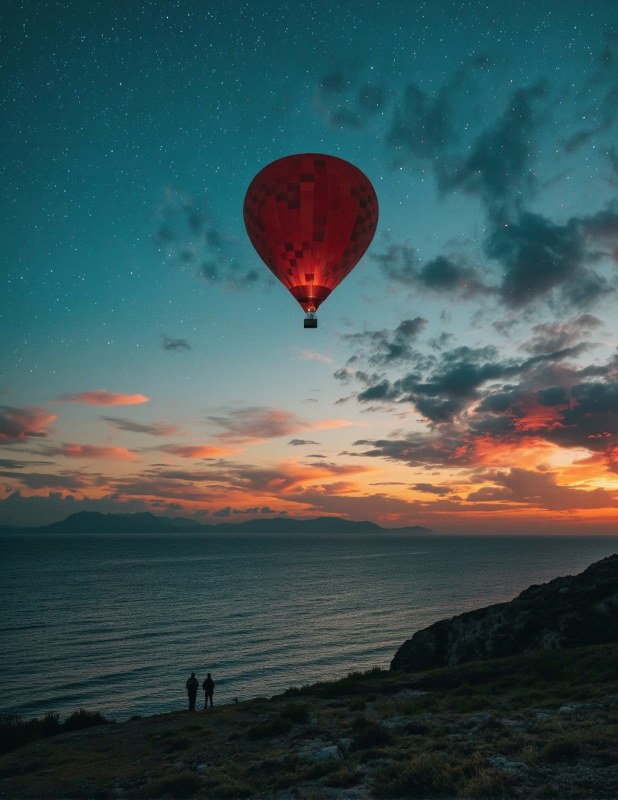 Arlequin style. A hot air balloon flying over a serene ocean during sunset. the balloon is in the center of the image,  wi...