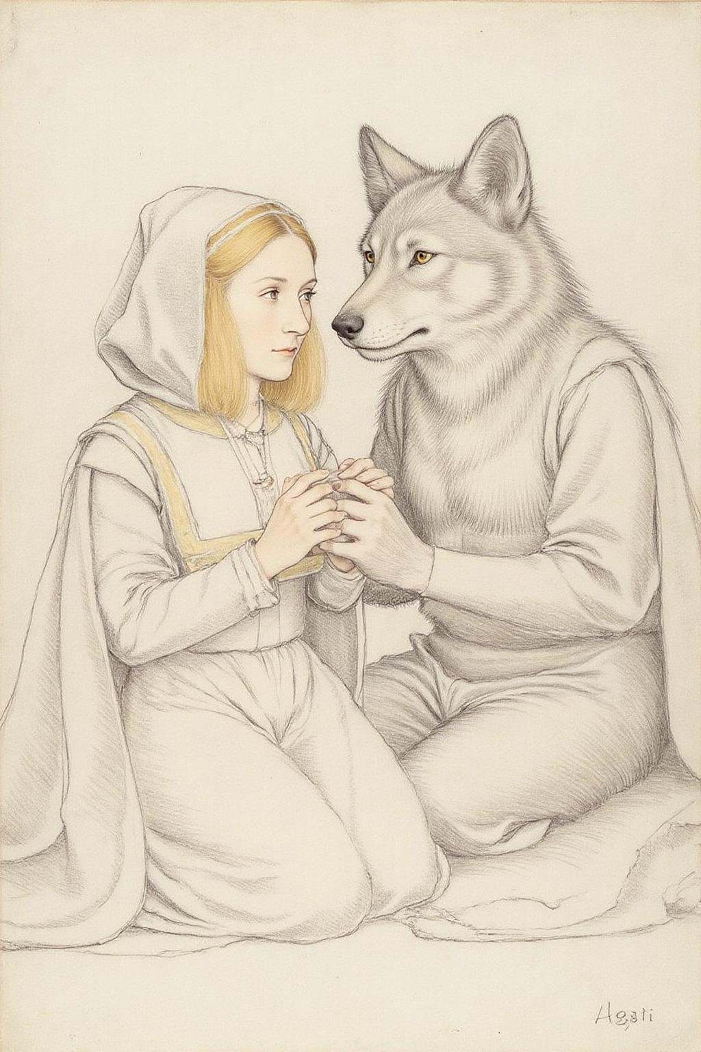 hansho1 monochromatic pencil drawing,  A blonde woman dressed as Little Red Riding Hood,  sitting on the ground on Tensor.Art