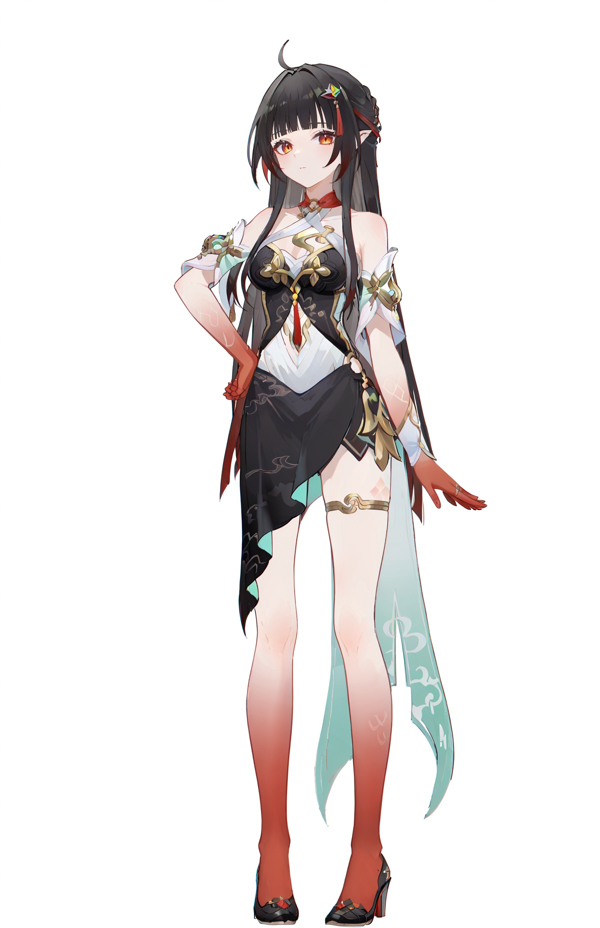 score_9, score_8_up, score_7_up, score_anime, A full-body portrait of a young girl, standing gracefully, pastel art style, high-key lighting, shoujo manga influence, hd quality, delicate details, full body, full shot, standing, looking at viewer, (solo:1.2), simple background, white background, hand on own hip, BREAKlingsha, default clothes, red hands, red feet, 1girl, long hair, black hair, breasts, ahoge, black dress, cowboy shot, BREAKTEST, <lora:lingsha-pony-Tanger-000018:0.8>, masterpiece, best quality, <lora:AGMXL_P6_lokr_V53P1:0.6>, 