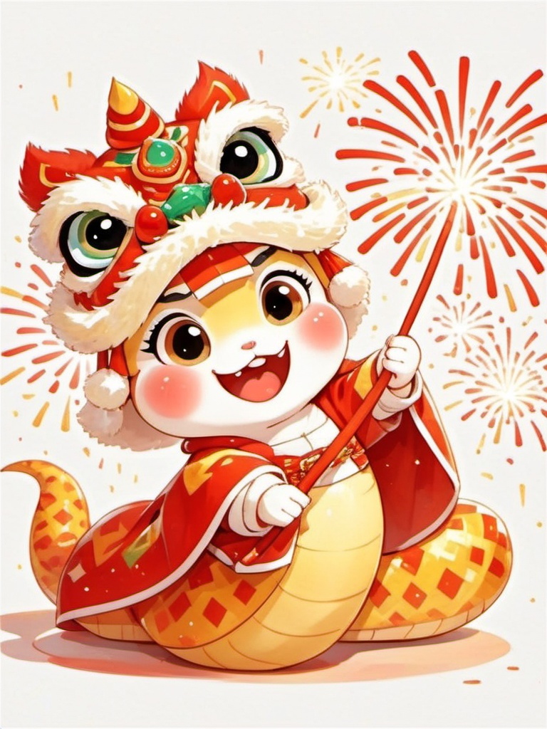 Lion dancing hats,shebaobao,The cute, chubby yellow snake is dressed in a traditional Chinese lion dance costume, with a stylish dragon head ornament and a flowing red robe. With big shiny eyes and a happy smile. With festive fireworks in the background, the whole scene is filled with joy and celebration.,<lora:she_v1:0.8>