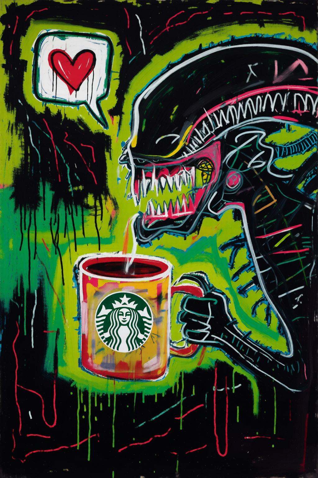 jeanmichelbasquiat2q painting.xenomorph is grabbing a starbucks mug,  black background,  vivid on Tensor.Art