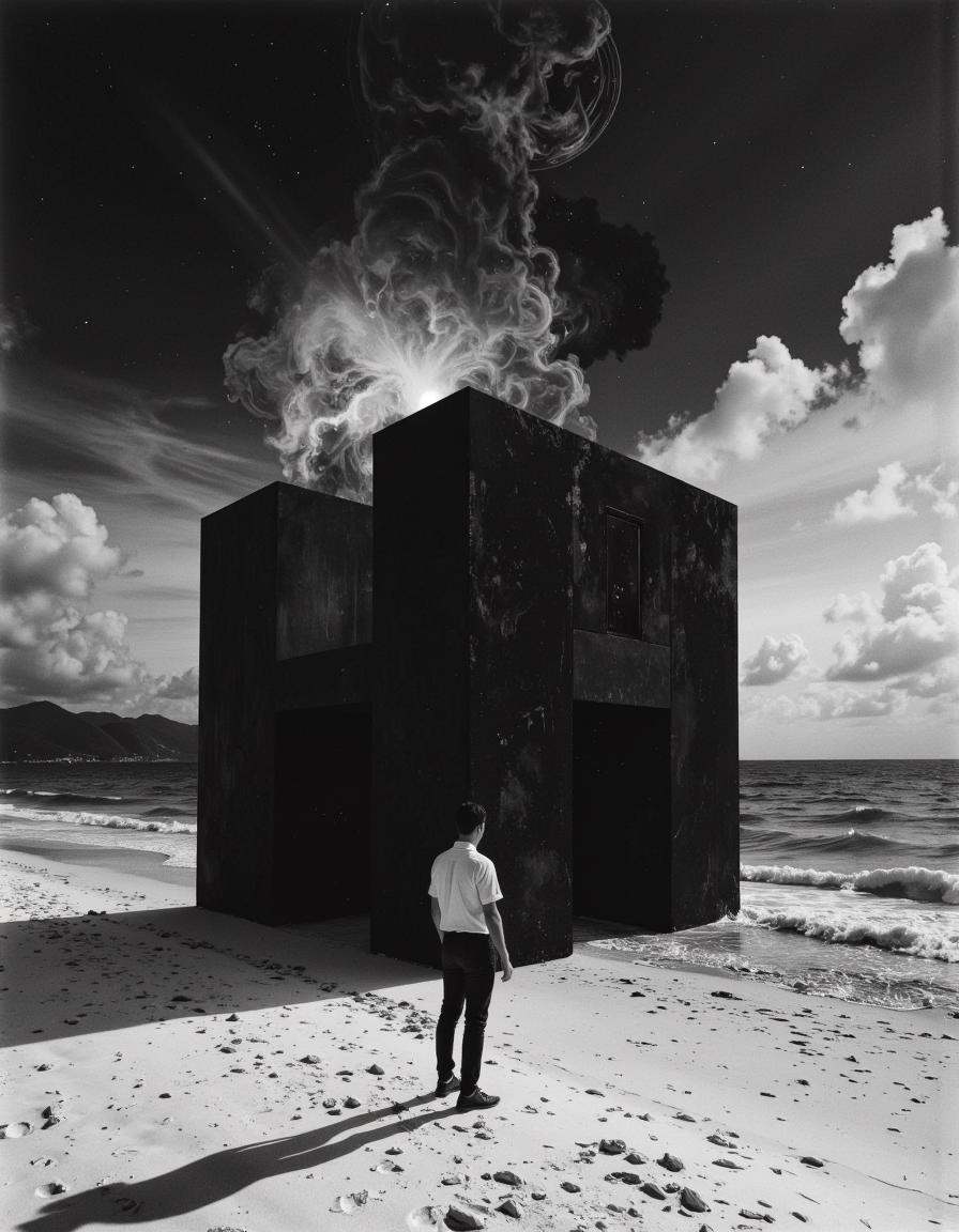 A detailed high resolution black and white cinematic photograph of man standing on the beach with a large black cube,  in...