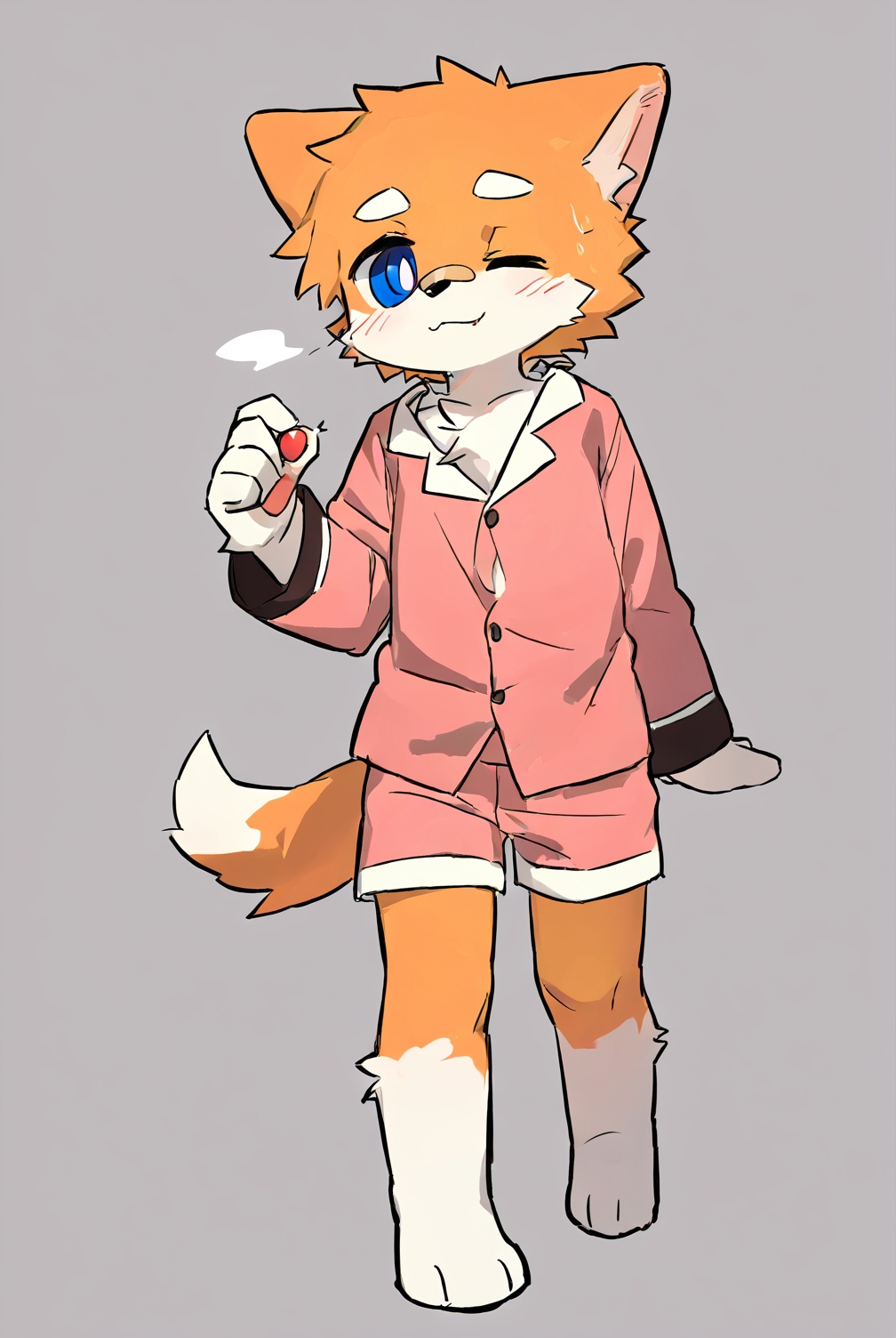 [[nploser,nekowuwu]],solo,shota,furry,kemono,dog_boy BREAK [red_inner_ear],[orange_fur,blue_eyes],white_hikimayu BREAK portrait,one eye closed,(masterpiece, best quality:1.1),body fur,anthro,<lora:AFB厂1:0.8>,pajamas,