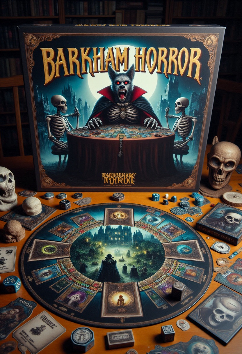 The image is a photograph of the box art for the board game "Barkham Horror,  " designed in a detailed,  dark fantasy styl...