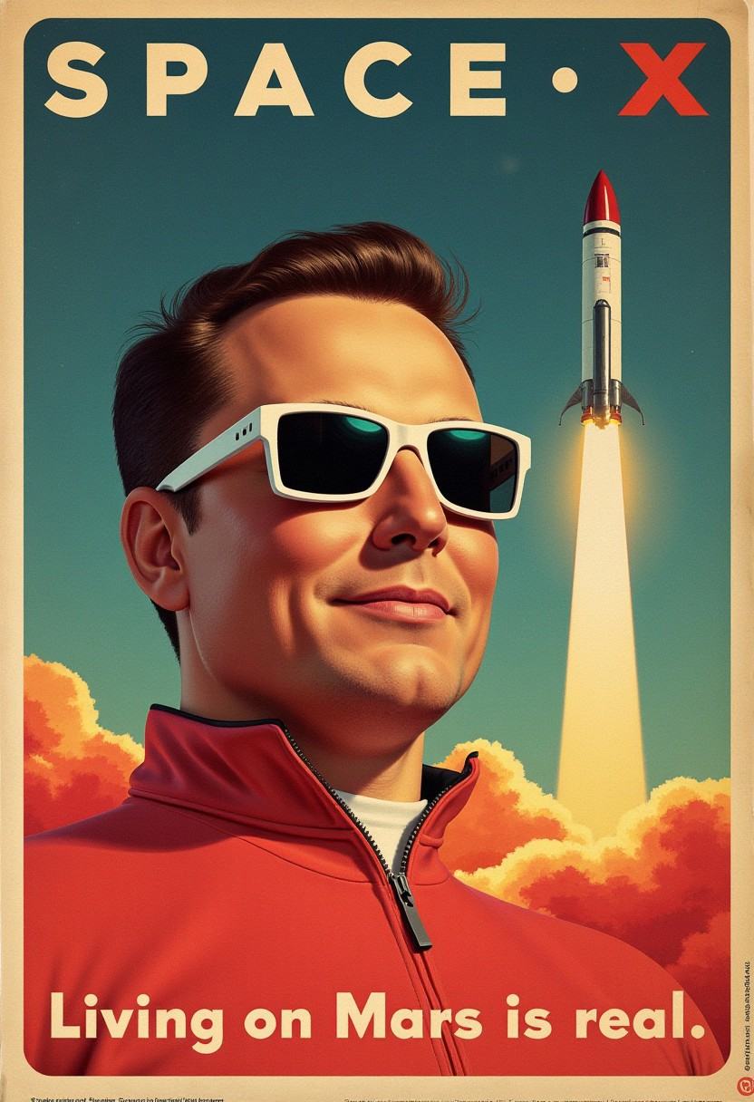 a vintage ad with Elon Musk wearing sunglasses,  a rocket taking off behind him,  retro futuristic on Tensor.Art