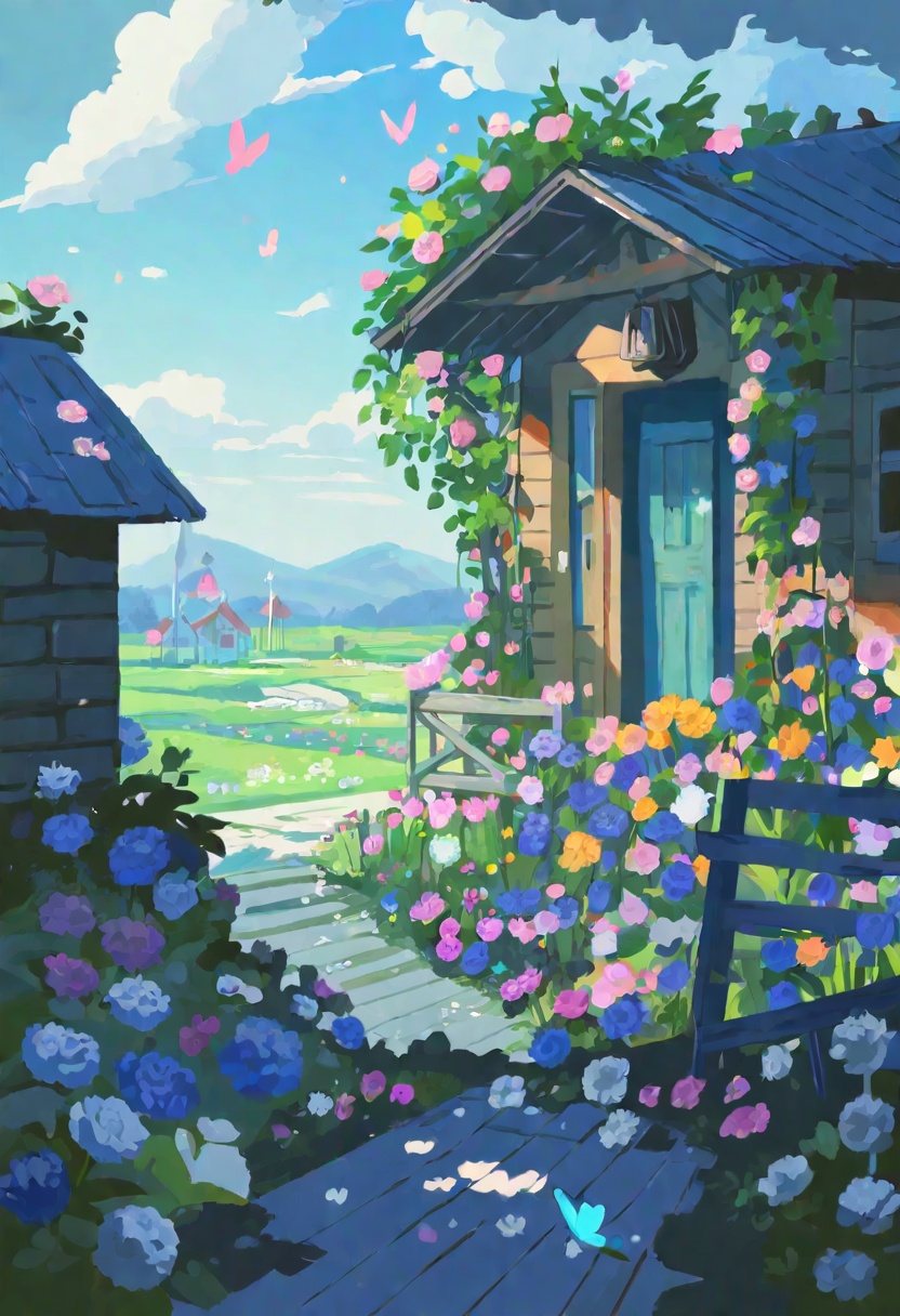 qk2, butterfly, bug, no humans, flower, cloud, sky, curtains, blue butterfly, blue sky, window, petals, sparkle, pink flower, star \(symbol\), day, rose, pink rose, fence, scenery, yellow butterfly, balcony, mountainous horizon, plant, tree, stairs, cushion, outdoors, grass, windmill, chair, leaf, white flower, blue theme, cloudy sky, wooden floor,A beautiful garden scene with a blue sky and white clouds. the garden is filled with colorful flowers, including roses, daisies, and lilies in shades of pink, purple, and yellow. there are trees and bushes scattered throughout the garden, and a small house can be seen in the background. on the right side of the image, there is a wooden bench with blue curtains hanging from it. the overall atmosphere of the scene is peaceful and serene.masterpiece, best quality, newest, absurdres, safe <lora:okra_v2.0-000014:1>