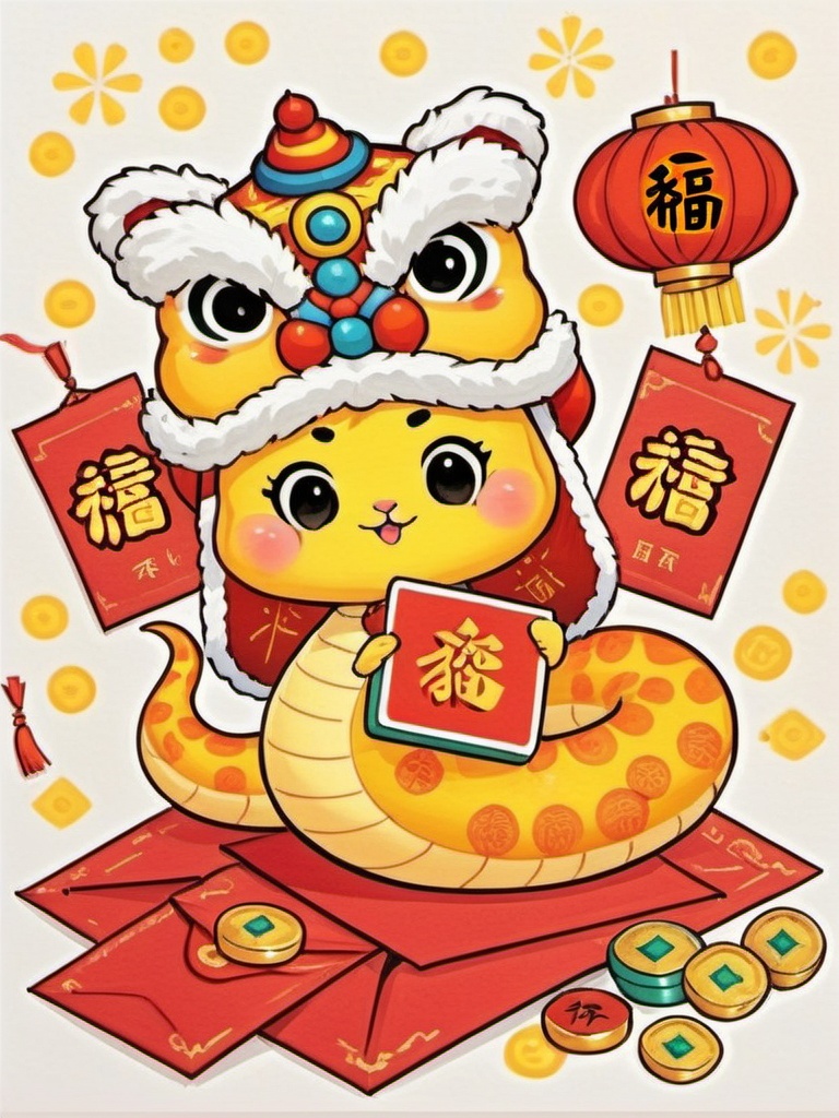 Lion dancing hats,shebaobao,The vivid digital painting depicts a cute yellow and orange snake dressed in a traditional Chinese New Year costume with a red hat and red envelopes. He was holding a red and gold card surrounded by red lanterns, gold coins and red envelopes. The background is popular with festive colors and intricate patterns.,<lora:she_v1:0.8>