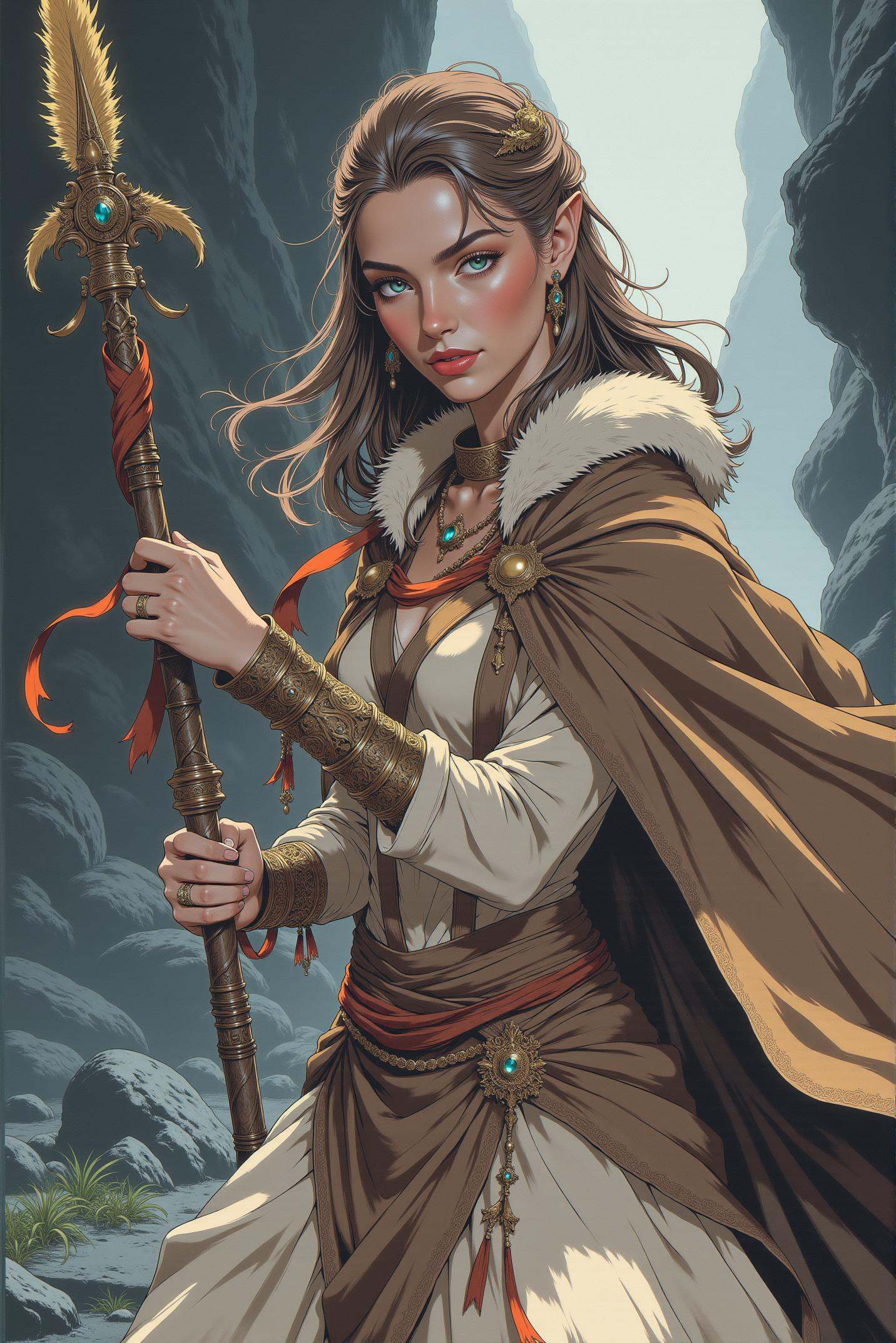 This stunning image features a graceful warrior in a very dark and dim environment. A charming and mysterious sorceress cr...
