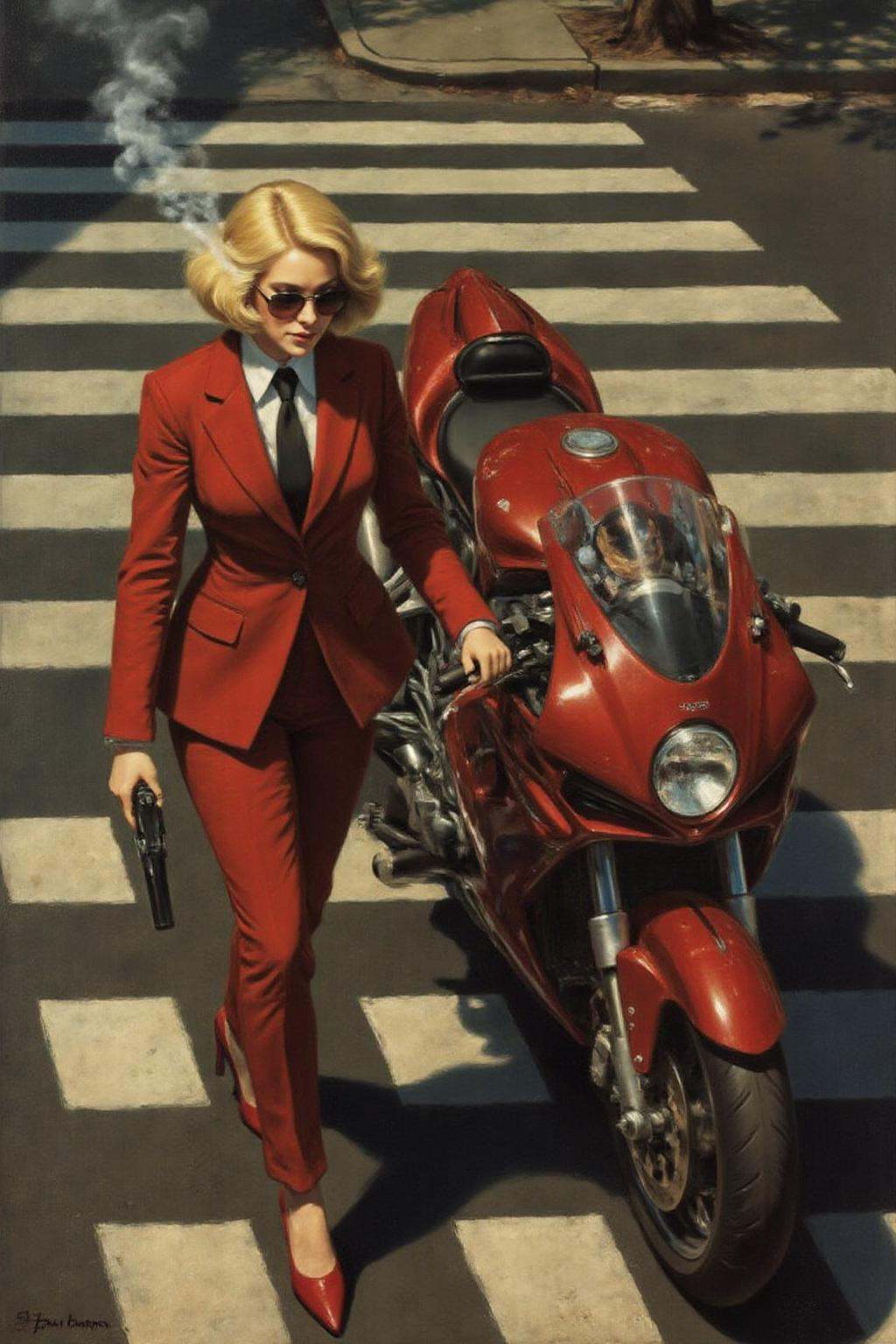 jore1 painting. Overhead shot of an Blonde woman walking away from a futuristic motorcycle parked at a zebra crossing. The...