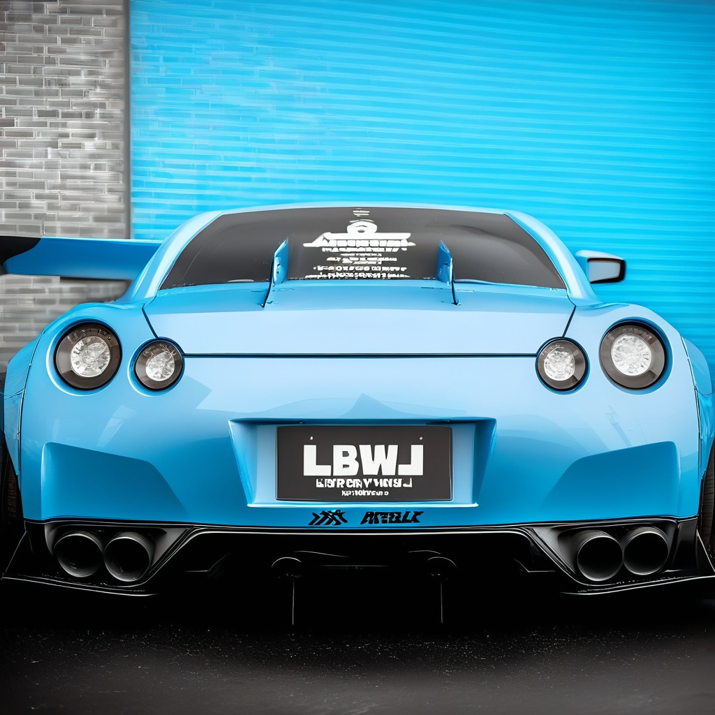 nissan_gt-r,  with a glossy finish that catches the light,  painted in a striking light blue. the car is positioned in fro...