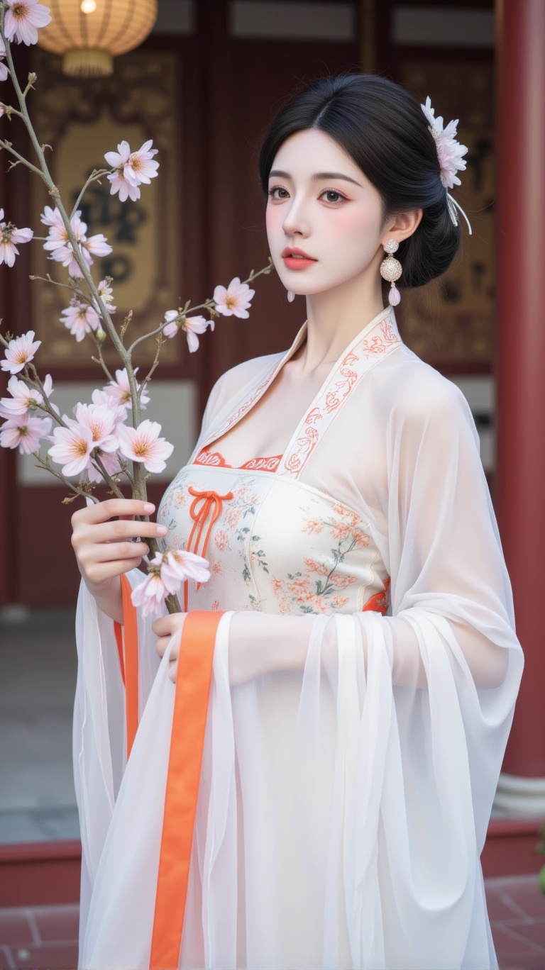 A serene woman adorns a majestic palace setting,  dressed in an exquisite ancient Chinese attire - a stunning white hanfu...