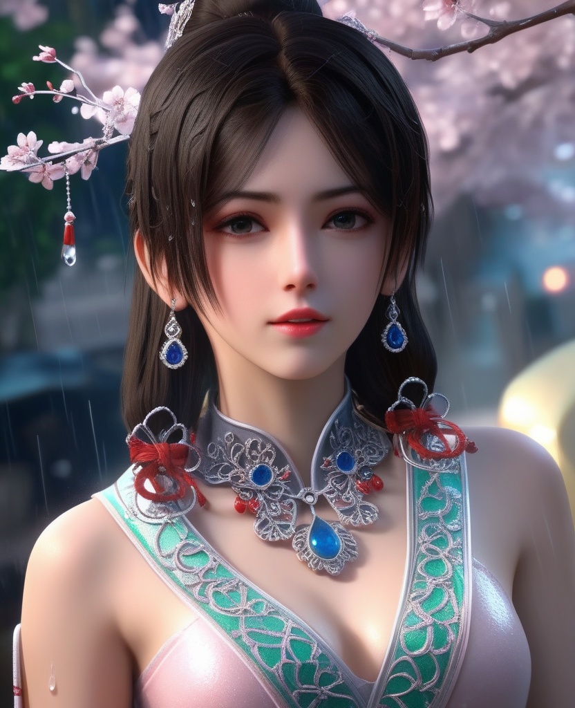 <lora:843-DA-XL-元龙-宋嫣:0.8>, (,1girl, ,best quality, ),, ,ultra detailed 8k cg,            cinematic lighting, cinematic bloom, (( , )),,  , unreal, science fiction,  luxury, jewelry, diamond, pearl, gem, sapphire, ruby, emerald, intricate detail, delicate pattern, charming, alluring, seductive, erotic, enchanting, hair ornament, necklace, earrings, bracelet, armlet,halo,masterpiece, (( , )),, realistic,science fiction,mole, ,cherry blossoms,(((, , ultra high res, (photorealistic:1.4), raw photo, 1girl, , rain, sweat, ,wet, )))(( , ))   (cleavage),lying,