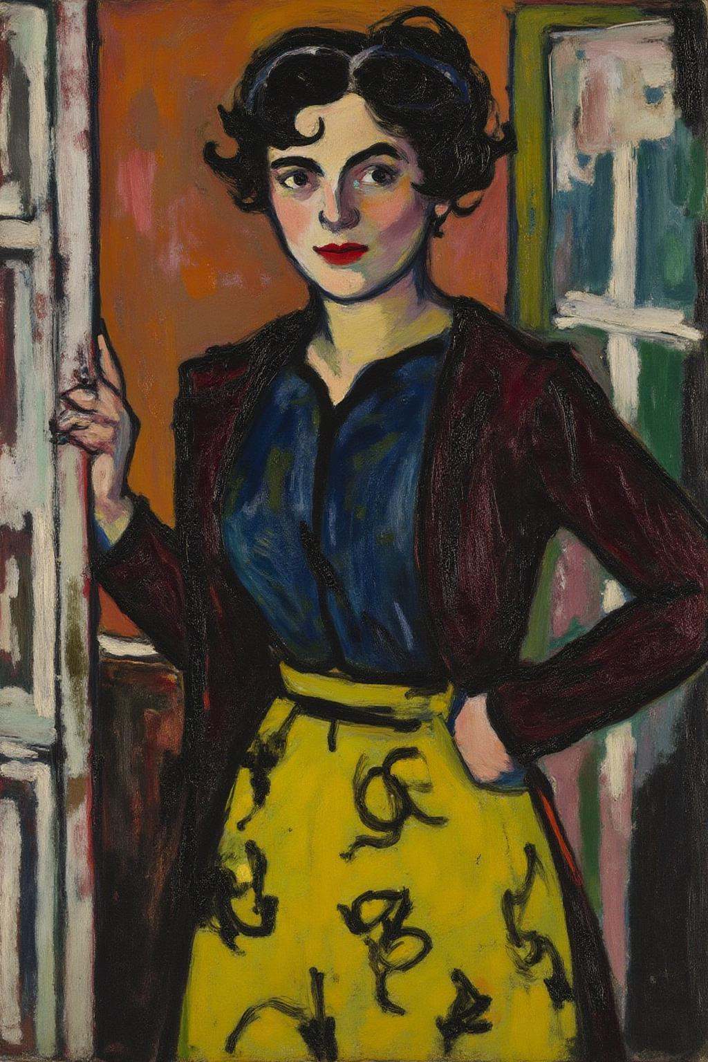 henrylymansayen1 painting.A woman with short,  dark curly hair is standing behind a door. She is dressed in a dark garment...
