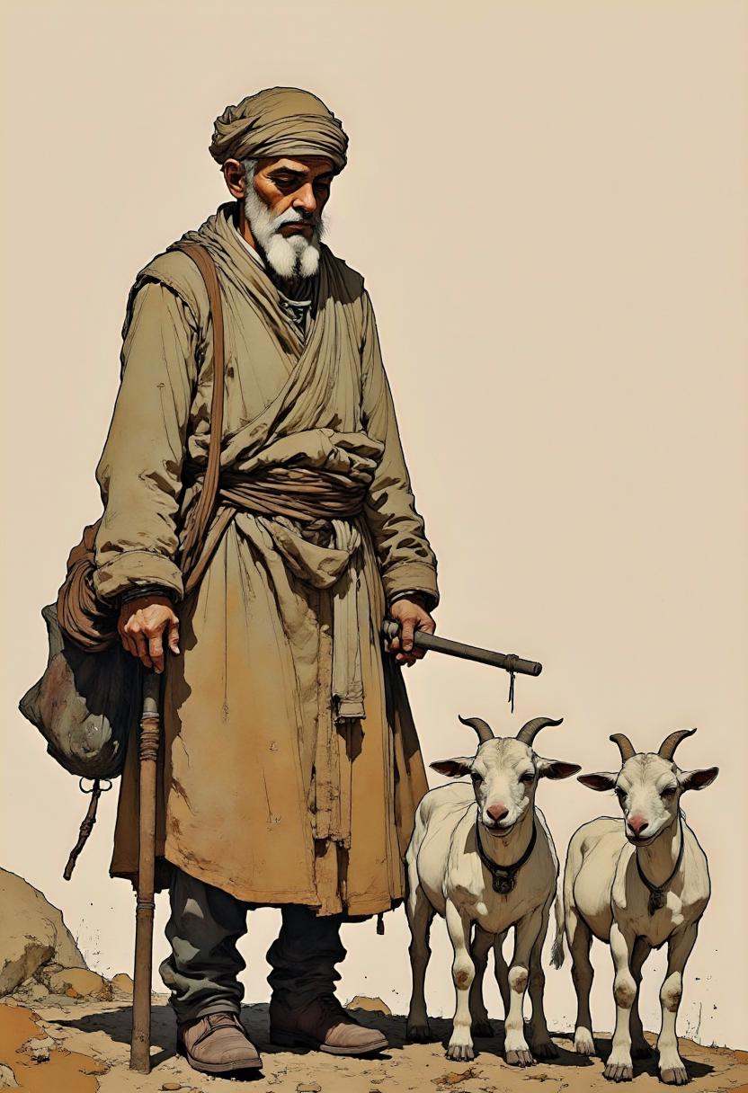 A digital illustration featuring an old shepherdess with his small flock of goats. Extremely high-resolution details,  pho...