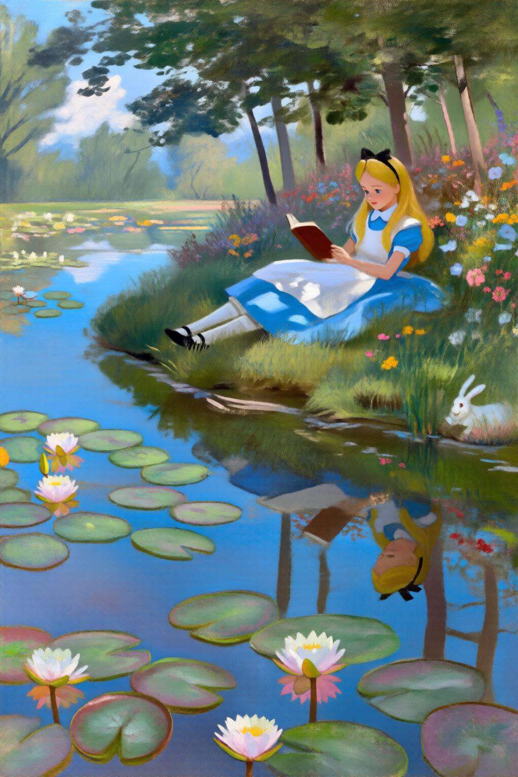 claudemonet2q painting. A serene and whimsical illustration of Alice from Alice in Wonderland sitting beside a tranquil po...