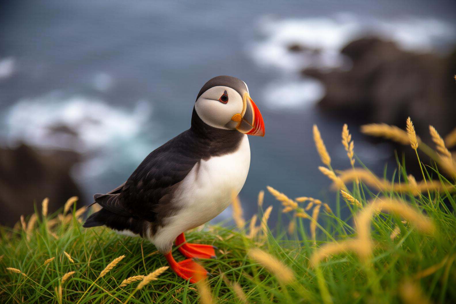 aurelmanea2q photography. A vibrant scene featuring a colorful Atlantic puffin perched on a grassy cliff overlooking the o...