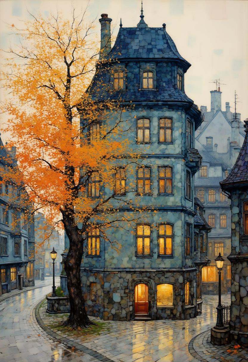 This image is a detailed digital impressionistic painting depicting a serene,  autumnal street scene. The focal point is a...