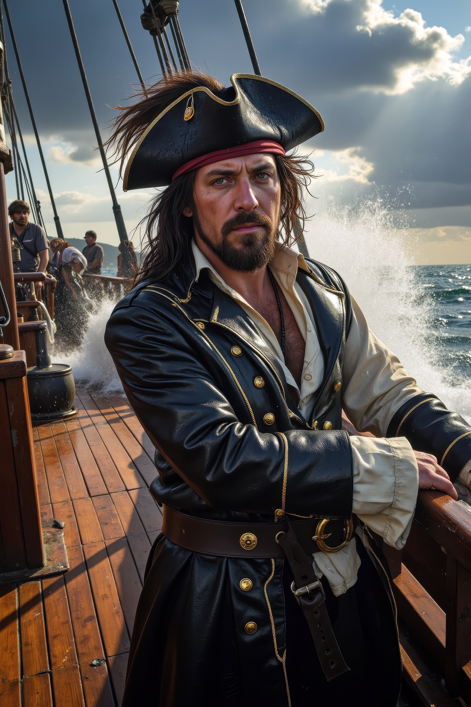 A hardened 17th-century pirate captain stands gripping the railing of a salt-crusted wooden deck,  rain pelting his scarre...