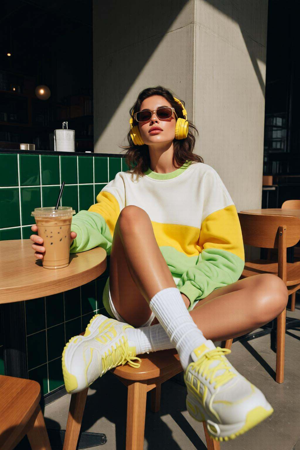 midjourneylowangle11q Low angle shot. A woman is sitting cross-legged at a wooden table. She is wearing a large,  colorful...
