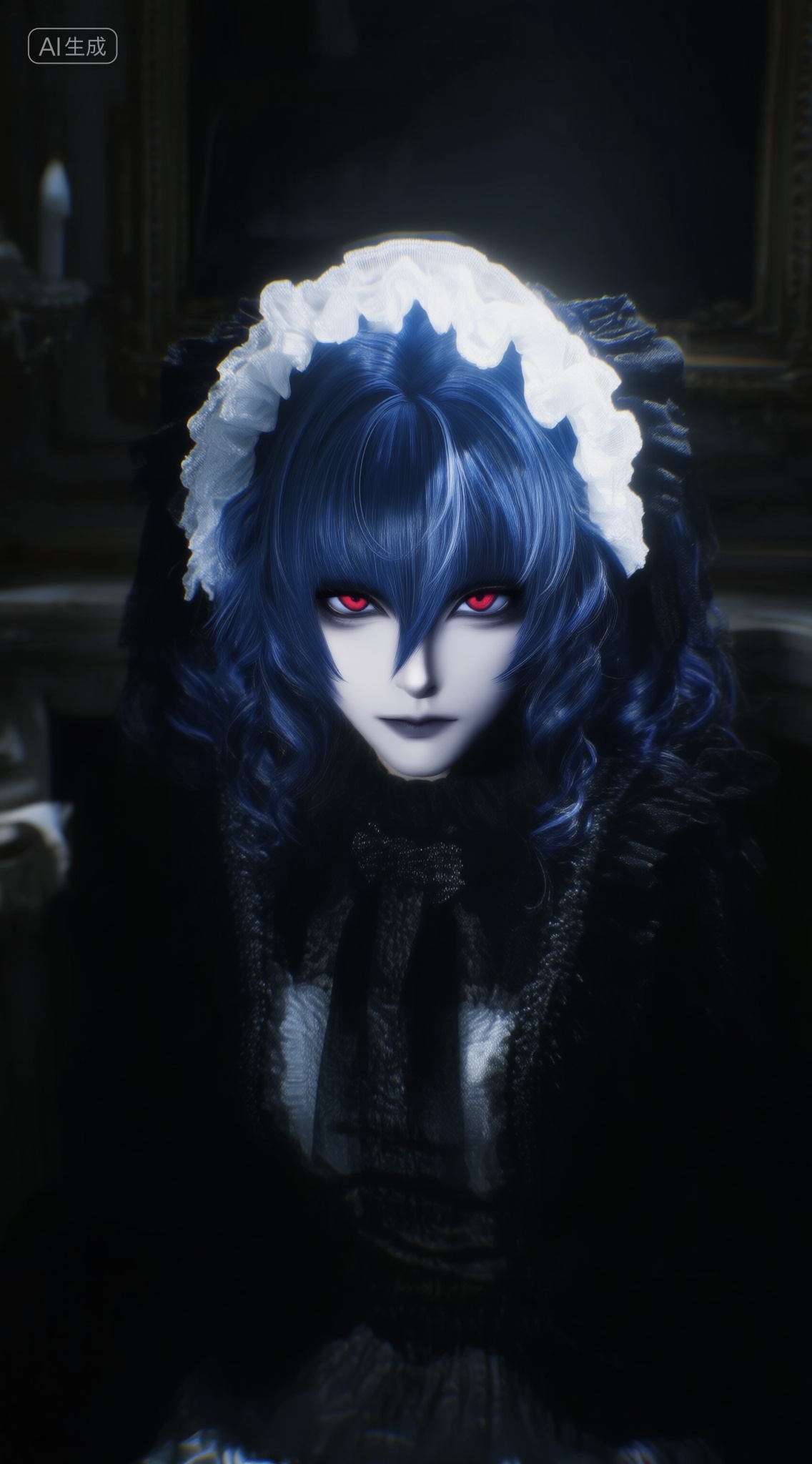 a digital illustration shoot from a portrait camera angle about a character with blue hair wearing a black dress and a whi...